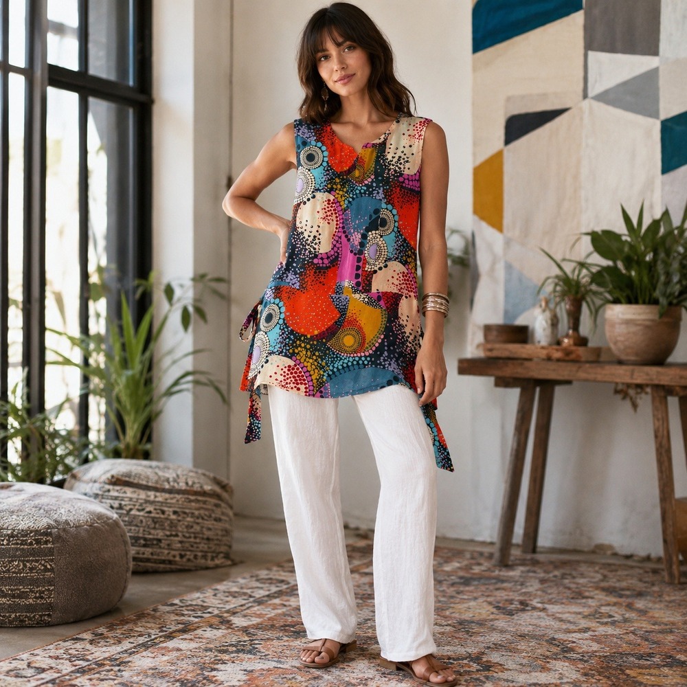 Trinity 100% Silk Abstract‎ Art Print Sleeveless Tunic Top Small Boho